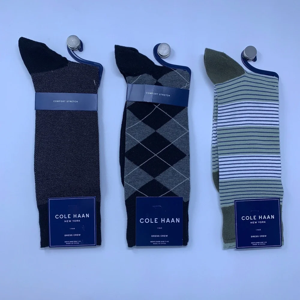 Cole Haan Mens 10-13 Multicolor Argyle Stripe Dot 3 Pair Lot Dress Crew Socks